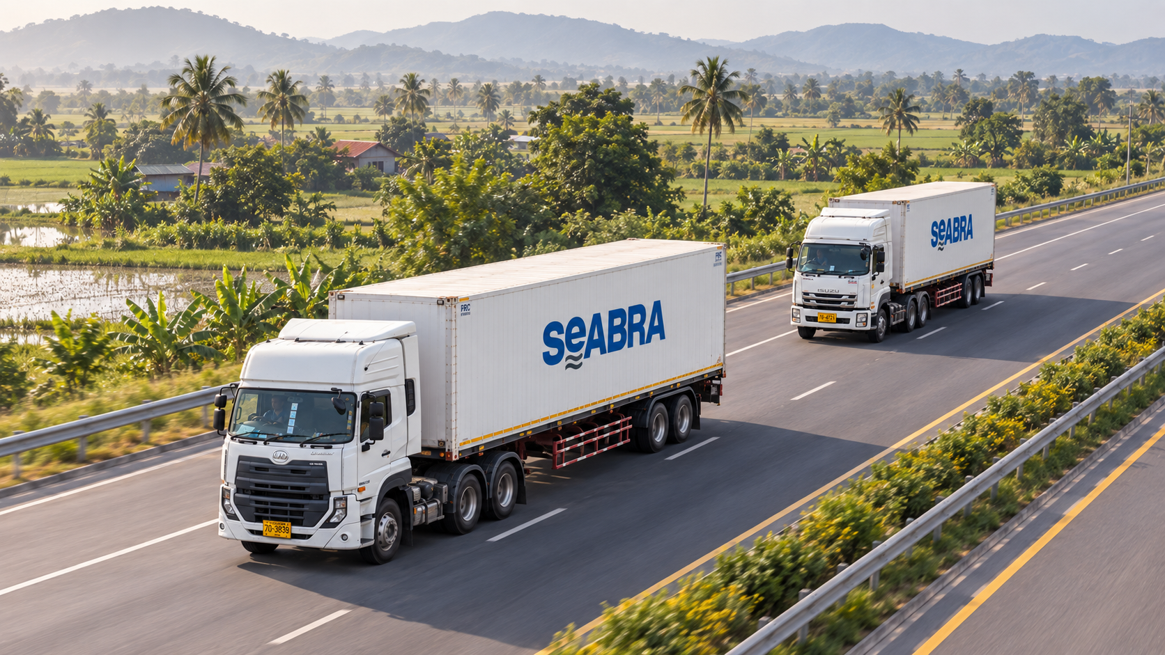 Illustration of Seabra-branded trucks travelling through a tropical landscape